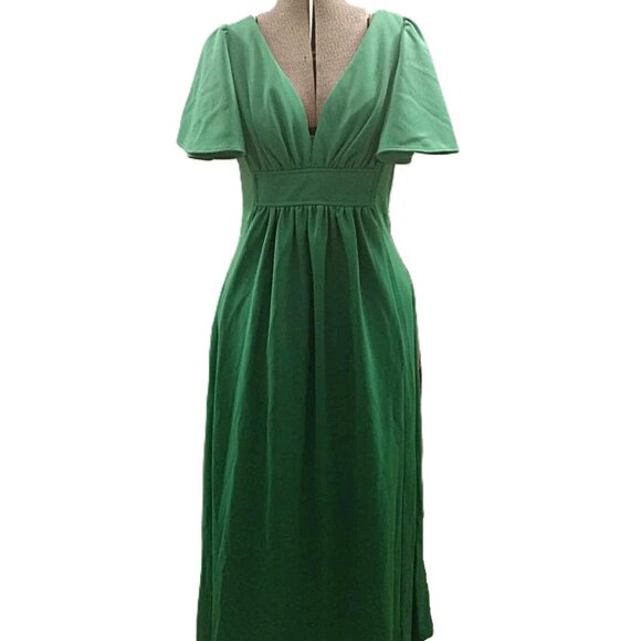 Vintage 70s Maxi Dress Green Size 13/14 Formal Plunge Neckline - Picture 2 of 11